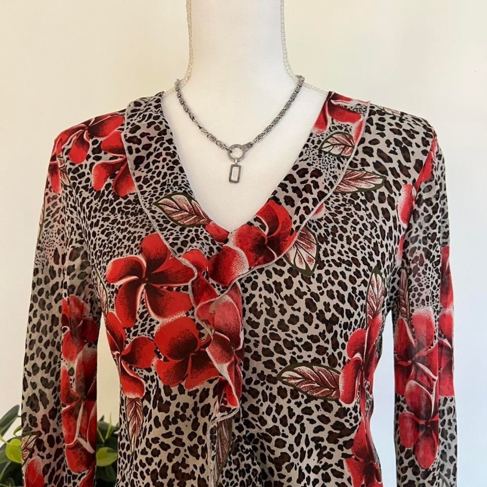 Y2K 100% Silk Sheer Bell Sleeve Ruffle Leopard Hibiscus Print Top - Picture 3 of 8